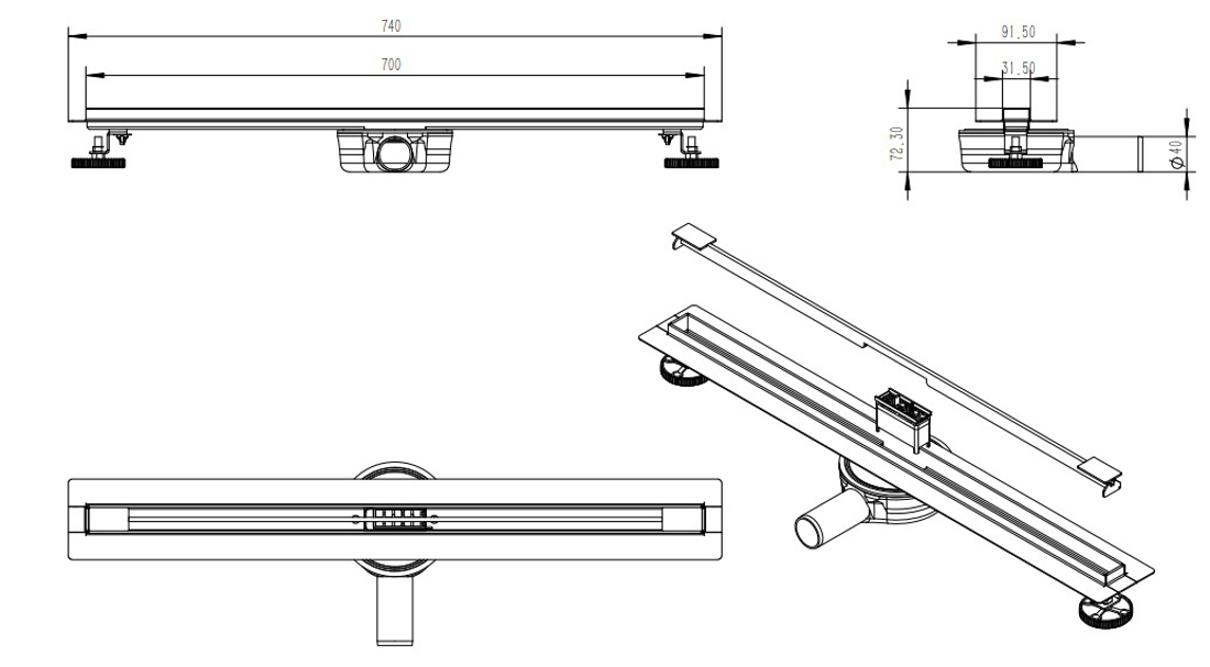 Slika od Shower drain MTU-3 700 mm MT02 gun metal